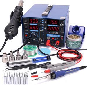 853D 2A USB SMD Hot Air Rework Soldering Iron Station, DC Power Supply 0-15V 0-2A with 5V USB Charging Port and 35 Volt DC Voltage Test Meter