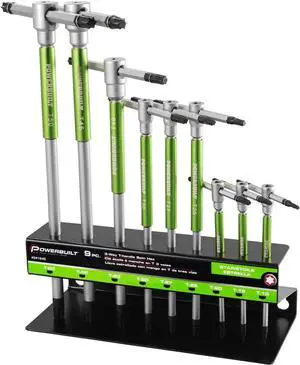 9 Pc Torx Star T-Handle Hex Allen Key Wrench Set w/ Speed Sleeves for Fast Spinning Action, Sliding Top Handle for T or L Shape, Long Shafts, Storage Rack, Auto, Bicycle, Moto - 941646