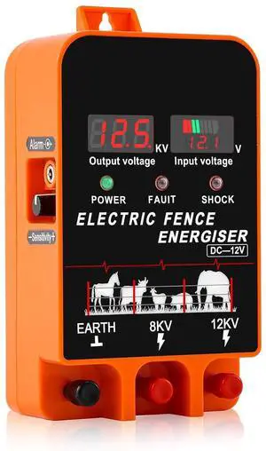5.5J Electric Fence Charger Energizer, 5.5 Joules 200 Acres, AC DC 2 in 1 Powered Supply, Input 12V Output 8 KV or 12KV, with Display and Alarm, Contain Cattle Cow and Livestock, No Remote