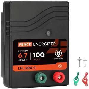 Electric Fence Charger AC Powered 100 Miles 300 Acres, 110 Volt 6.7 Joule Plug-In Electric Fence Energizer, Output Voltage Max 10.2 kV for Livestock, Preventing Predators from Intruding