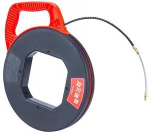 Fish Tape 100FT Polyester 3 Core Braid Pulling Fish Tape with Changeable Leader Tip in Red Winding Case, Dia 6.0mm