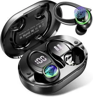 Kuizil Wireless Earbuds, Bluetooth 5.4 Headphones with Noise Cancelling Mic, Bass Stereo Earphones 50Hrs with LED Display, IP7 Waterproof Earbuds with Earhooks, Ear Buds for Sports, Black