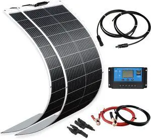 Solar Panel 200W 12V Flexible System Kit,2X100W Monocrystalline berglass Module 20A Controller Extension Cable for Off Grid Home,RV,Caravan,Boat and Other Battery Charr200W