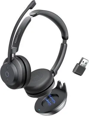 Wireless Headset, Bluetooth Headphones & 2.4G USB Dongle with Noise Cancelling Mic, Mute Button - for PC, Laptop, Call Center, Home Ofce, Zoom, Teams Meeting