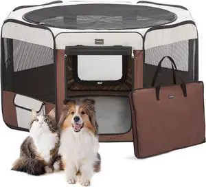 Dog Playpen 36" Portable Pet Play Pens for Small Dog/Cat/Rabbit/Chicks, Foldable Exercise Kennel Tent Crate Indoor/Outdoor Travel Camping, Removable Top/Bottom (Brown, Medium (36"x36"x20"), 8)