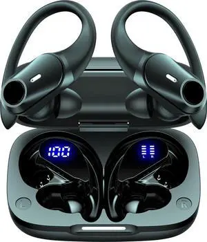 Active Noise Cancelling Ear Buds Bluetooth Headphones Wireless Earbuds with 80H Wireless Charging Case & LED Display, Over-Ear Hooks Earphones Bass Earbud for Sports Running Gym Workout Black