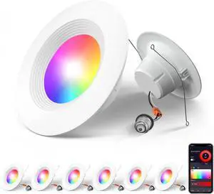 6 Pack 5/6 Inch Smart Wi LED Recessed Can Lights, RGBCW Color Changing Retrot Recessed Lighting, Baffle Trim, APP Control, Dimmer Compatible, 12W=110W 1100LM, IC & ETL