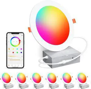 Smart Recessed Lighting 6 Inch RGBCW Color Changing 16W LED Recessed Ceiling Light with Junction Box,1350LM Canless LED Downlight Compatible with Alexa,Dimmable by Bluetooth Control -6 Pack