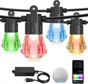 48FT Smart Outdoor String Lights - RGBCWIC Dimmable Acrylic Bulbs, Color Changing LED Patio Lights APP Wi Control, Compatible with Alexa, IP65 Waterproof Outside Lights for Yard Porch