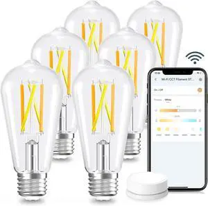 Smart Edison Bulbs, 2700K-6500K Tunable Wi Edison Bulbs with Remote Control, 8W 60W Equivalent Dimmable ST19(ST58) Vinta Light Bulbs 800lm, Compatible with Alexa &  Home, 6-Pack
