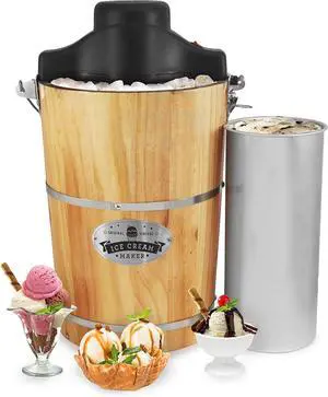 EIM916 Old Fashioned 6 Quart Vinta Wood Bucket Electric Ice Cream Maker Machine Appalachian, Bonus Classic Die-Cast Hand Crank for Churning, Uses Ice and Rock Salt