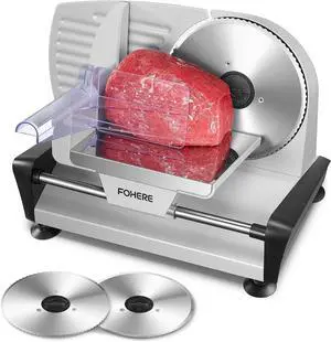 200W Meat Slicer for Home Use, Electric Food Slicer with Two 7.5" Sharp Stainless Steel Blade(Serrated + Smooth) & 0-15mm Precise Thickness Cut Deli Food, Meat, Bread, Fruit, Vetable, Silver