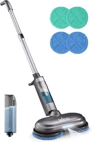 Electric Mop, Floor Scrubber Electric Spin with LED Headlight, Recharable Dust Cordless Dual-Motor, Spray Mop for Hardwood Floor, Clean up to 2350 ft², 46dB Quiet, Gray-4 Pads