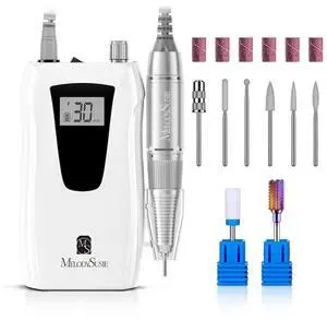 Professional Nail Drill 30000RPM, SC320D Recharable Electric Nail Drill Machine, Cordless Nail E le for Acrylic l Nails, 8pcs Nail Drill Bits 106pcs Sanding Bands, Selene White