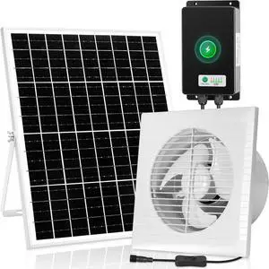 Solar Powered Recharable Exhaust Fan, 25W Solar 8" Ventilation Vent Fan with 66.6 Wh Battery Backup for Outside Greenhouse, Chicken Coop, Shed, Pet House