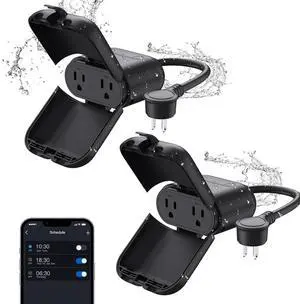 PQR20 Outdoor Smart Plug Waterproof IP66, WiFi with 2 Individually Sockets, Compatible Alexa & Google Assistant, Outlet for St Lights, UL Certified, Pack, Black by DT
