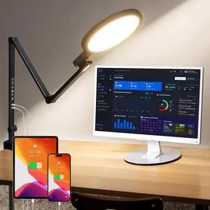 1200LM Desk Lamp with Clamp, Eye Care Desk Lights for Home Office with USB Charging Ports, Flexible Ring Light with Swing Arm for Video Conference Zoom Streaming
