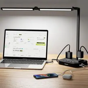LED Desk Lamp with USB Charging Port: Eye-Care Technology - 1 Type-C, USB-A Port, 2 AC Power Outlets, Lamps for Home Office, Study, Bedroom by DT