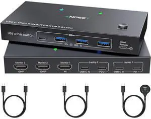 USB C KVM Switch 3 Monitors 2 Computers 4K/1080P@60Hz,USB-C Triple Monitor Switches with 4 USB3.2 Ports for Device,10Gbps,80W PD Charging,For Windows and Mac OS,Driver Installation is Required by DT