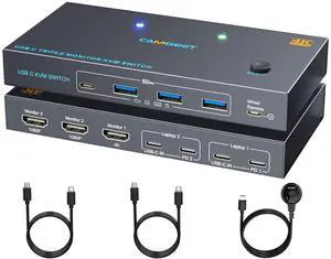 USB C KVM Switch 3 Monitors 2 Computers 4K/1080P@60Hz,Triple Monitor Switches for Laptop Share and 4 USB3.2 Ports,80W PD Charging,For Windows Mac OS,Driver Installation is Required by DT