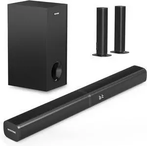 2.1 Sound Bar for Smart TV with 5 Inches Wired Subwoofer, 140W, 2 in 1 Detachable Soundbar RGB-IC Backlight, Bluetooth 5.3, Optical, AUX, USB Input, Bass Adjustable, Remote/Button Control by DT