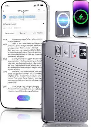 AI Voice Recorder - Record,Transcribe,Charge 3 in 1,Support 107 Languages,Avoid Missing Meeting Highlights,64 GB,ChatGPT Driven Summarization,App Control,Mind Mapping,Bluetooth Distance 50ft by DT