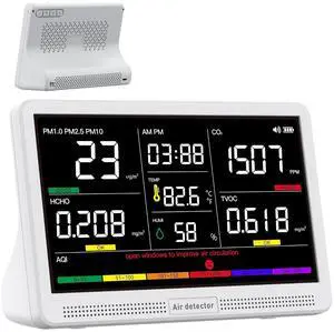 16 in 1 Air Quality Monitor Indoor 7" Display 9 AQI+7 AQI Alerts Tester for CO2, TVOC, PM2.5 PM1.0 PM10, HCHO, Temperature Humidity & Time, Meter Home-White by DT