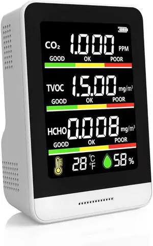 Air Quality Monitor Indoor,8-in-1 Smart Tester with CO2, TVOC, HCHO, AQI, Temperature & Humidity, Real Time Display, Battery Powered, for Home Office (White) White -