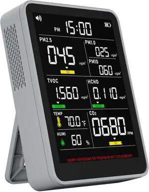 13-in-1 Indoor Air Quality Monitor with PM1.0/2.5/10, CO2, HCHO, TVOC, Temp, Humidity & Time, 4 Alarm Modes, Portable Tester for Home, Office, Car, Wall-Mount or Desktop Use by DT