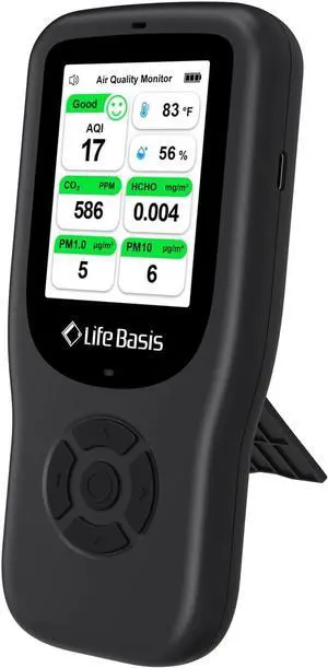 Air Quality Monitor Indoor, 11-in-1 Detector with Stand, Real-Time Meter Test AQI, PM1.0, PM2.5, PM10, CO2, TVOC, HCHO, Particles, Temperature and Humidity, Dual Alert -Black Black -