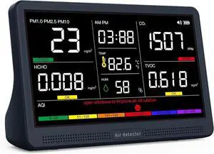 Professional Indoor Air Quality Monitor with 7X AQI Beep Alarms,16 in 1 Portable Real-Time Detector for PM2.5 | PM10 CO2 TVOC HCHO Temp Hum Home Cars Plants Pets by DT
