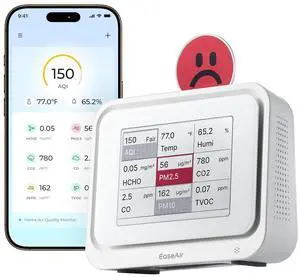 Air Quality Monitor Indoor, Portable Tester for CO2, CO, PM2.5, PM10, HCHO, TVOC, Temp & Humi, E-Ink Display with 3-Color Emoji Indicators, WiFi App Control, Meter Home/Office by DT