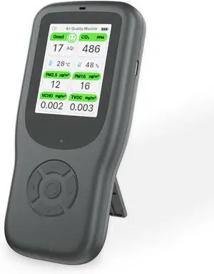 11-in-1 Air Quality Monitor - Portable Indoor Detector with Stand, Real-Time Test for AQI, CO2, PM2.5, PM1.0, PM10, TVOC, HCHO, Particles, Temperature & Humidity Aler (Black-White) by DT