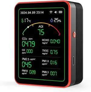 Air Quality Monitor, 15-in-1 Smart Tester with PM, CO2, CO, TVOC, HCHO, AQI, Temperature & Humidity, Timer, Real Time Display, Battery Powered, for Home Office by DT