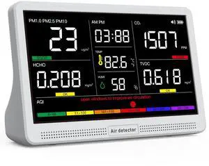 16 in 1 Air Quality Monitor Indoor 7" Display 9 AQI+7 AQI Alerts Meter for CO2, TVOC, PM2.5 PM1.0 PM10, HCHO, Temperature Humidity & Time, Detector Tester Home by DT