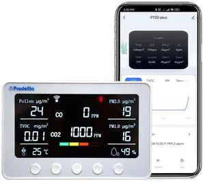 Indoor Air Quality Monitor Smart IAQ for Pollen, TVOC, PM2.5, PM1.0, Temperature and Humidity, Wi-Fi Enabled App (PT02 Plus) by DT