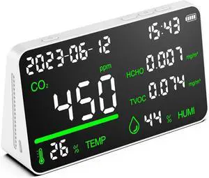 7-in-1 Air Quality Monitor, Indoor Humidity Temperature, CO2, TVOC, HCHO, Time, Date Display Desktop Tester, Meters for Home Office Hotel Restaurant School by DT
