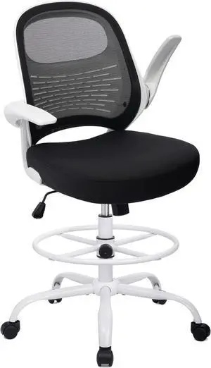 Tall Drafting Chair Standing Desk with Flip-Up Armrests, Adjustable Height Ergonomic Office Footrest  - High Stool for (Black Mesh&White Base) by DT