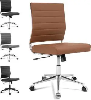 Brown Armless Office Desk Chair, Mid Back Ergonomic Swivel Conference Room Chairs, Adjustable Height PU Leather Home Modern Small Rolling Computer Task Chair by DT
