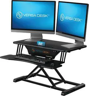 Power Riser 32" Electric Standing Desk Converter, Sit to Stand Up Height Adjustable Riser, 2-Tier Tabletop Laptop and Dual Monitor Desktop Workstation with Wide Keyboard Tray, Black by DT