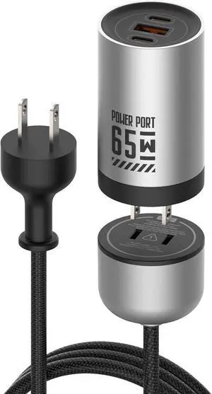 65W GaN Fast Wall Charger Block with 2 USB-C & 1 USB-A Ports, 5ft Nylon Extension Adapter  High-Speed Charging for iPhone, iPad, MacBook,  Galaxy, and More Devices (Silver&Black) by DT