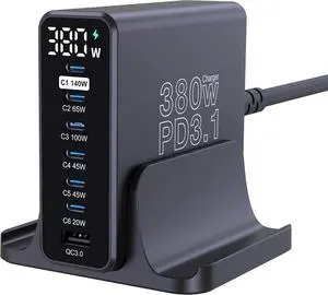 380W USB C Charger, GaN III 7 Ports PD3.1 140W PPS 45W QC60W Fast Charging Station with LED Display for MacBook Laptop, iPhone 16/15/14 Pro Max, iPad, Galaxy S25/S24, Steam Deck and More by DT
