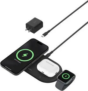 3-in-1 MagSafe-Compatible Wireless Charging Pad with Qi2 15W - iPhone Charger Fast Station for 16, 15, & 14 Series, AirPods, Apple Watch, More Black by DT