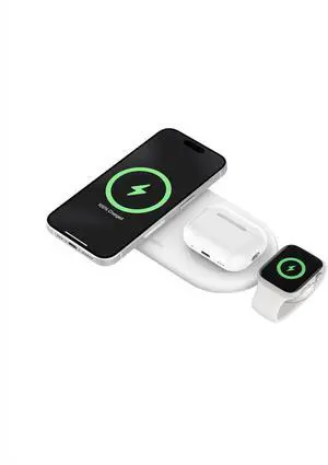 3-in-1 MagSafe-Compatible Wireless Charging Pad with Qi2 15W - iPhone Charger Fast Station for 16, 15, & 14 Series, AirPods, Apple Watch, More White by DT