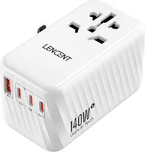 140W Universal Travel Adapter, International Plug Adaptor, GaN Fast Charger with 3 PD3.1 Type C+1 QC USB A, All in One Essentials, Worldwide Adapter for USA/UK/EU/AU, White by DT