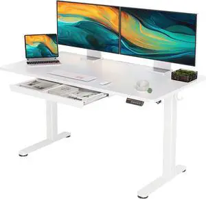 Standing Desk with Drawers, 55 x 24 Inch Electric Adjustable Height Stand Up Desk, Sit for Home Office, White by DT