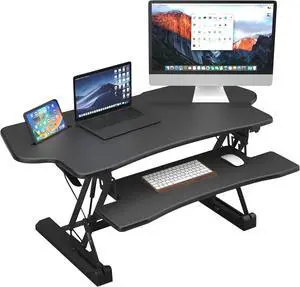 Height Adjustable Standing Desk Converter, Extra Large 48 Wide Tabletop for Dual Monitors, Stand Up Riser to 19.5" Tall, Gas Sp Raising Computer Workstation Convertor in Black by DT