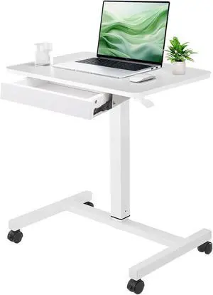 Mobile Laptop Standing Desk, Height Adjustable Teacher Podium with Lockable Wheels, Work Table Drawer, Computer Cart Overbed for Home Office Classroom, White by DT