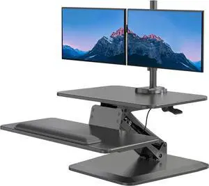Standing Desk Converter, Stand Up Riser with Dual Monitor Mount, Adjustable Workstation in Black, Top Platform 23" Wide, Keyboard Mouse Tray 27" Raises 5" to 17" Tall by DT