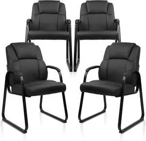 Leather Guest Chair with Padded Arm Rest for Reception Meeting Conference and Waiting Room Side Office Home Black Sled Base 4 Pack by DT